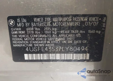 2007 BMW X5 3.0Si from USA, damaged, VIN 4USFE43537LY80494